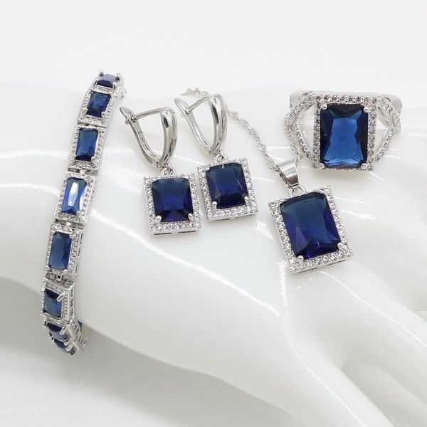 

dubai stamp silver color jewelry sets for women blue cubic zirconia necklace pendant bracelets earrings rings christmas gift