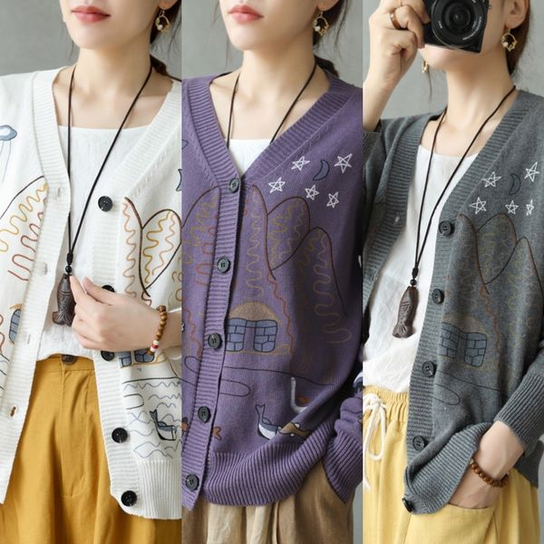 

xykl0 autumn and winter v-neck cotton cardigan women's coat korean new cartoon pattern slim loose jumpers l coat women's popcw, White;black