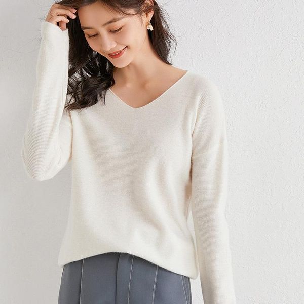 

women's sweaters sparsil autumn winter women pure wool v-neck solid color thick soft warm knitted pullovers elegant cashmere base jumpe, White;black