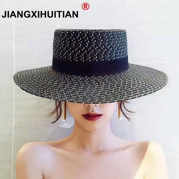 

2017 summer fashion hepburn wind black white striped bowknot summer sun hat beautiful women straw beach hat large brimmed1, Blue;gray
