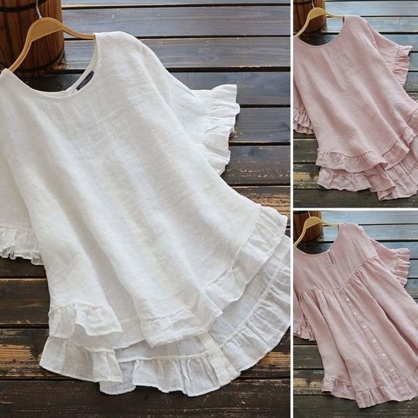 

fashion women's cotton blouse ruffle shirts zanzea 2020 causal short sleeve solid female asymmetrical tunic plus size blusas 5xl1, White