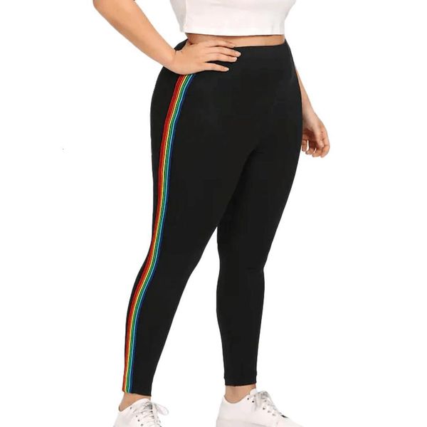 

plus size slim leggings side stripes women casual high stretch legging pants high waist fitness leggings female -5xl #lr2, Black