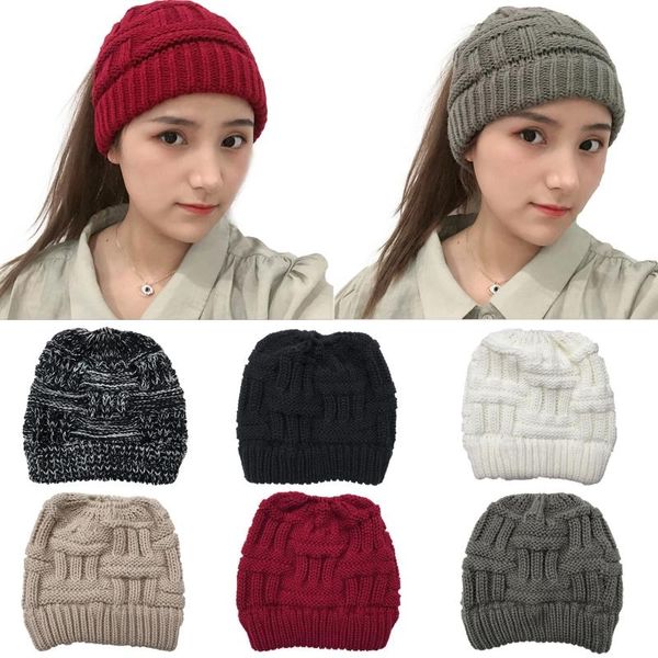 

beanie/skull caps women winter chunky plaid knitted beanie hat with hole high messy bun solid color stretch skull cap ear warmer, Blue;gray