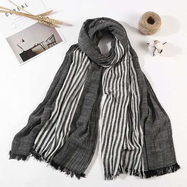 

women vintage stripe scar fpleated cotton linen scarves 2018 autumn winter lady classic long scarf wraps soft female thin shawl1, Silver
