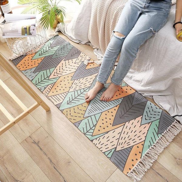 

simple nordic hand knitting tassel cotton floor mat long family bedroom rugs non slip bedside carpet area rug for living room1
