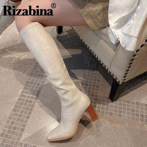 

boots rizabina women high heel stone pattern thick woman winter long fashion shoes footwear size 33-40, Black