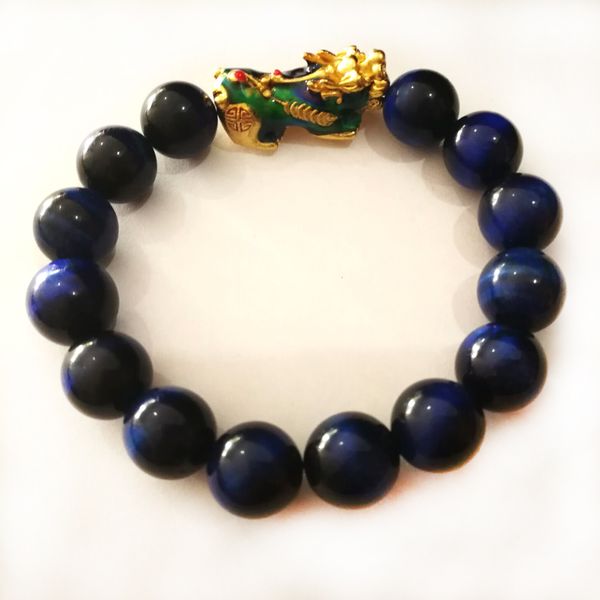 

fashion imitation gold 3d change colour pixiu with blue tiger eye stones beaded bracelet luck feng shui jewelry, Black