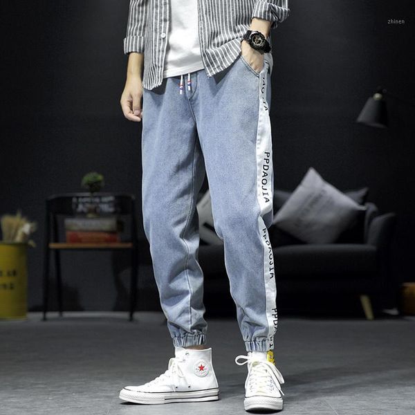 

autumn new jeans men fashion washed letters printed casual drawstring denim trousers man streetwear hip hop loose harem pants1, Blue