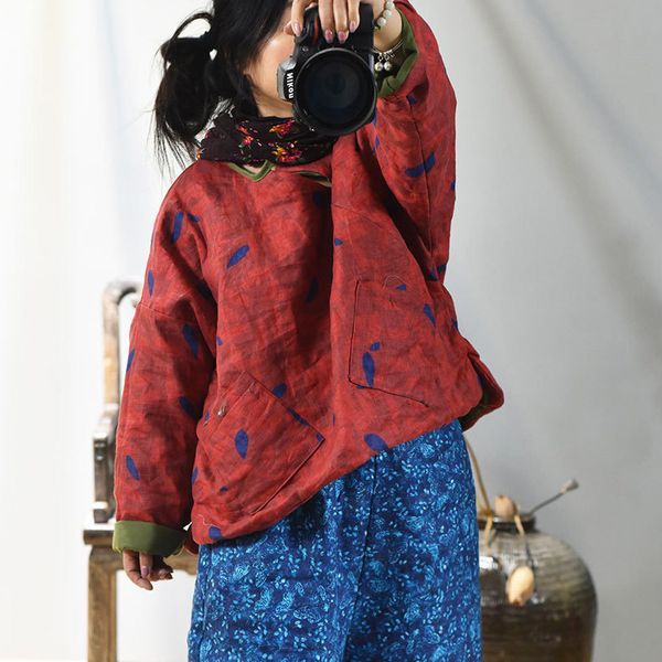 

johnature women print floral pullover parkas print floral linen coats new autumn o-neck long sleeve loose female parkas 201028, Black