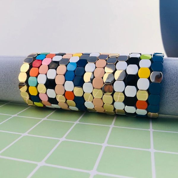 

link, chain trendy honeycomb vitamin shaped colorful rainbow bracelets men handmade tile beads enamel elasticity bracelet for women bangles, Black