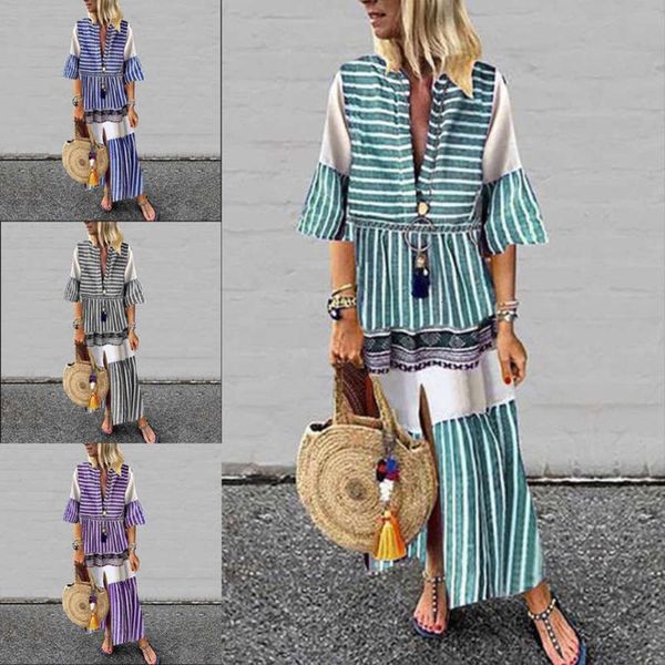 

print trumpet women's national style 2020 new sleeve v-neck dress, Black;gray