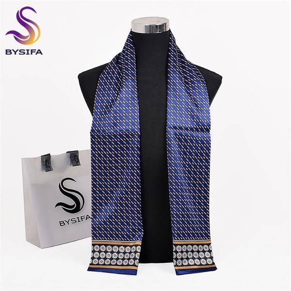 

bysifa] men business silk scarf muffler autumn winter brand casual blue neck scarf 100% silk male long scarves cravat 160*26cm y200110, Blue;gray