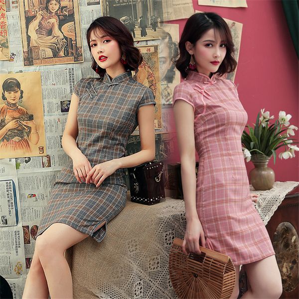 Abito cinese Raso Vintage Plaid Donna Abito orientale Cheongsam Moderno Qipao Donna Cina Elegante Casual Party Abiti di Capodanno LJ200827