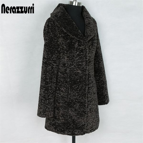 

nerazzurri winter faux fur coat women slim fit turn-down collar long sleeve black teddy coat plus size faux fur jacket 5xl 6xl 201209