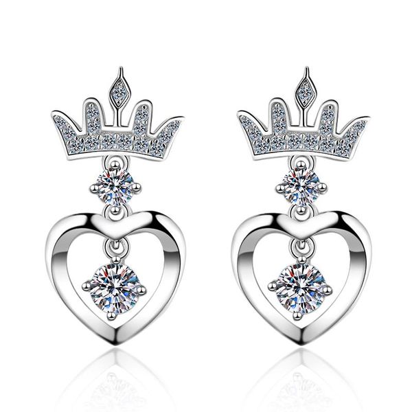 

anziw 925 sterling silver moissanite diamond heart shaped stud earrings crown stud earrings for women wedding jewery, Golden;silver
