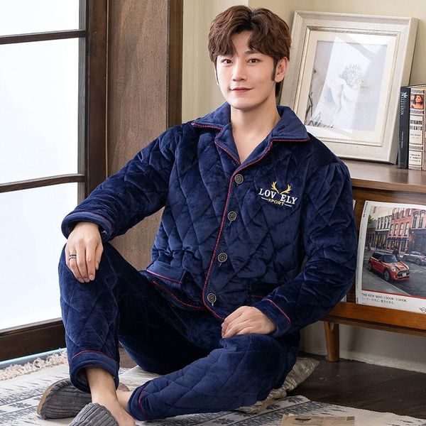 

mimi thickening and wool flannel pajamas man winter cotton-padded jacket suit wholesale men cotton pajamas in the winter, Black;brown