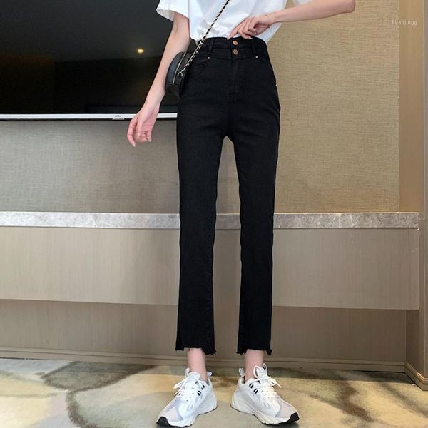 

2020 newurban casual cropped pants straight high waist women's jeans black pants are thin1, Black;white
