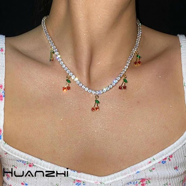 

huanzhi 2020 новый модный блестящий rhinestone инкрустированные вишневый подвеска металл ключицы цепи ожерелье для женщин отпуск ювелирные и, Golden;silver