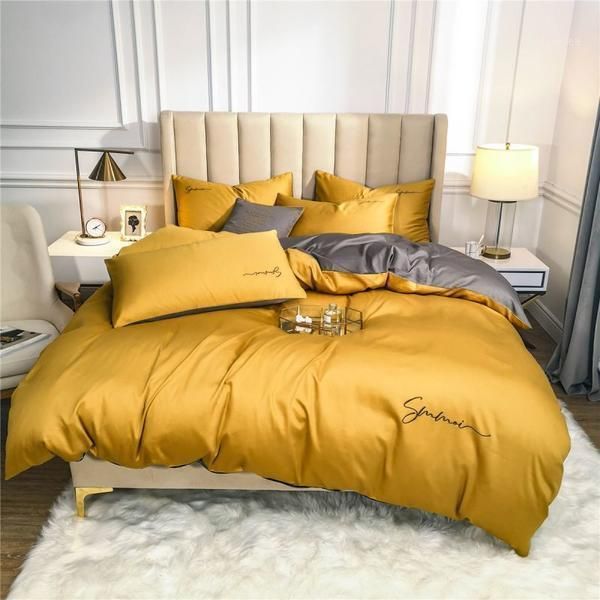 

yellow egyptian cotton bedding sets  king size embroidery bed duvet cover bed sheets/fitted sheet linen set l set1