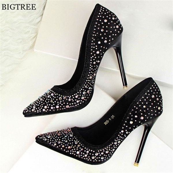 

blgtree 2020 fashion new women pumps classic sequined shallow women high heels pointed 10cm wedding shoes party women shoes t200525, Black