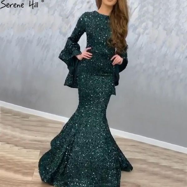 

latest design green mermaid luxury evening dresses 2019 dubai sequined long sleeves sparkle evening gowns la609731, White;black