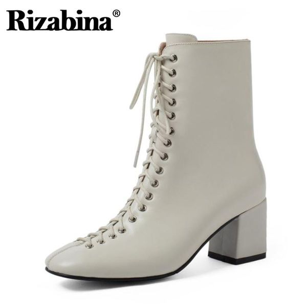 

rizabina real leather women ankle boots thick heel lace up shoes square toe warm boots fashion women party footwear size 34-39, Black