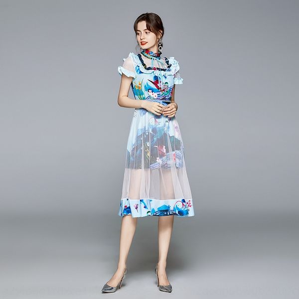 

design women's summer wood ear stand collar short sleeve screen stitching printed silk screen dress fresh and sweet dress rntaf, Black;gray