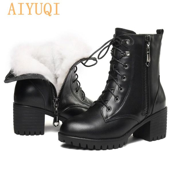 

boots aiyuqi 2021 genuine leather high heel women snow big size 41 42 43 wool warm female winter, Black