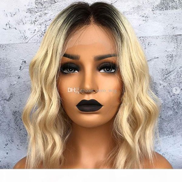 

ombre brazilian hair short bob wavy wig #1bt613 for white women virgin human glueless short blonde ombre lace front wigs bleached knots, Black;brown