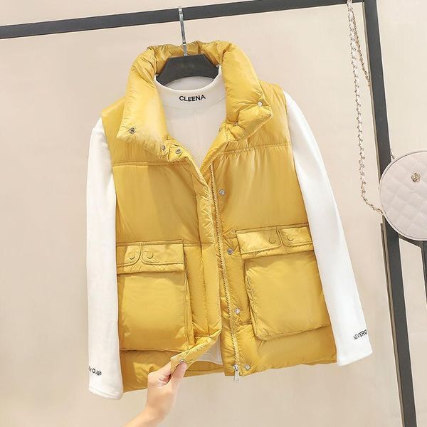 

2020 new women winter korean stand collar cotton padded vest thickening warm vest female solid sleeveless short waistcoat a1501, Black;white
