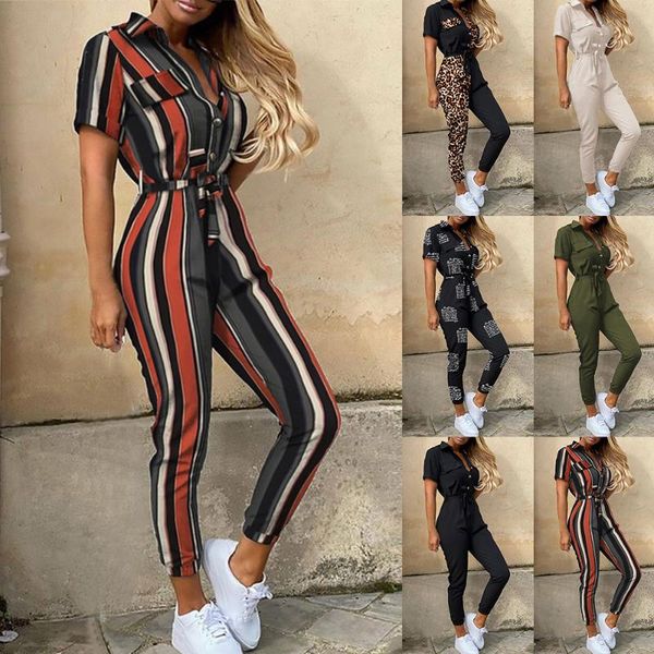 

elegant letter print jumpsuit women leopard patchwork deep v neck button shirt overall short sleeve office one piece romper, White;black