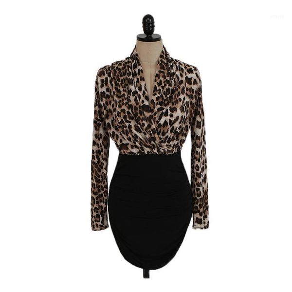 

2019 new autumn women dress leopard slim v-neck in long package hip spell color rendering dresses 1891, Black;gray