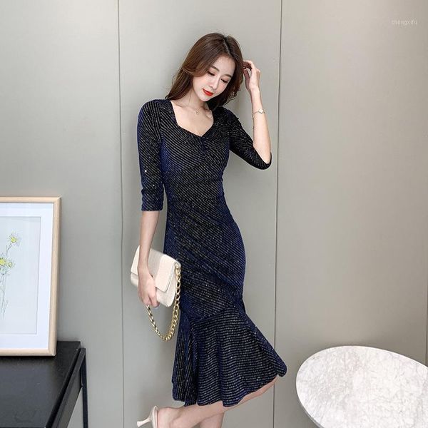 

autumn party bodycon office dresses women three-quarter sleeve v neck elegant velvet dresses vintage bandage mermaid dress1, Black;gray