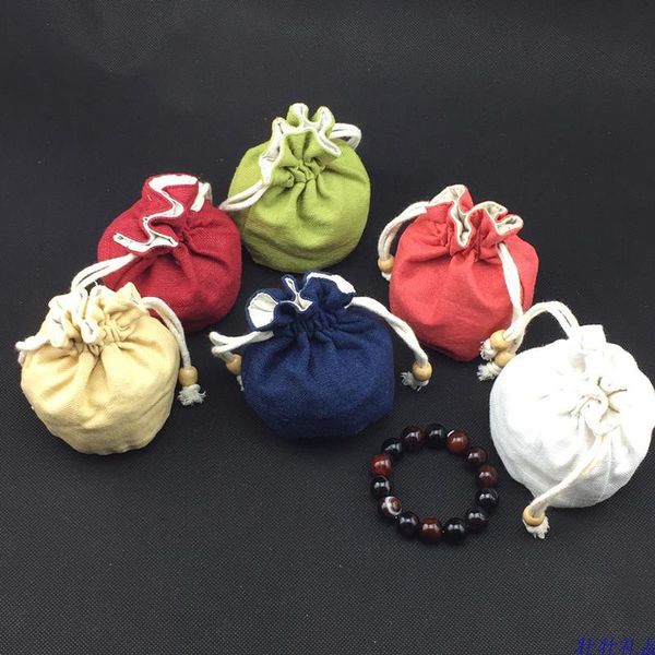 

10pcs plain cotton linen drawstring round bottom bucket bag small christmas wedding gift jewelry packaging pouches with lined
