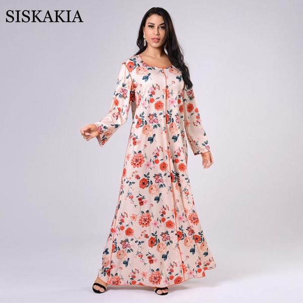 

siskakia sweet floral maxi dress for women spring 2021 new elegant ethnic o neck long sleeve middle east arabic muslim clothes, Black;gray