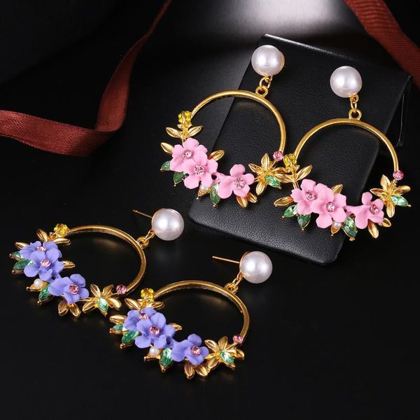 

european and american ins colored clay cherry blossom earrings girl rhinestone lace ring pearl earrings, Golden;silver