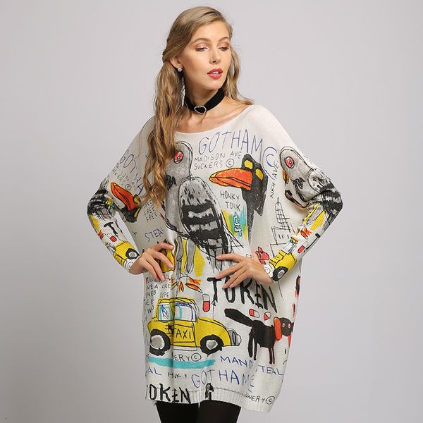

2021 spring and autumn women's casual abstract printed street o-neck full sleeve loose long t-shirt ins 3t0n, White
