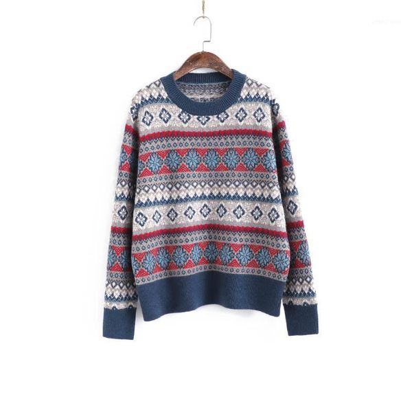 

011466 winter new vintage jacquard female round collar more loose sweaters knitted pullover mori girl1, White;black