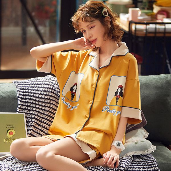 

cute cartoon pijamas women summer short sleeve sleepwear cotton pyjamas and pants pajama set homewear nightie