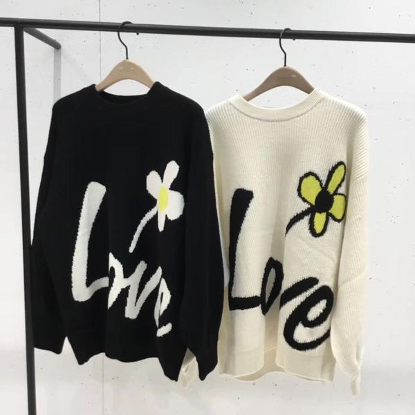 

loose black flower knitted sweater 2021 autumn style woman clothes he9l, White;black