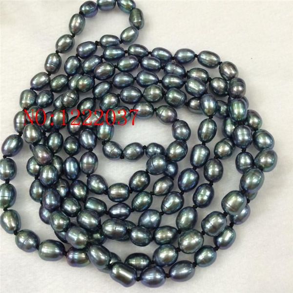 

natural new freshwater cultured black rice-shaped pearl necklace 7-8mm 50 inches long sweater necklace, Silver