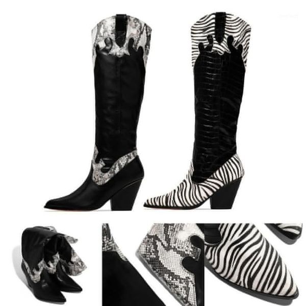 

2020 fashion zebra pattern women long boots pu leather high heels shoes for woman platform street autumn winter warm boots1, Black
