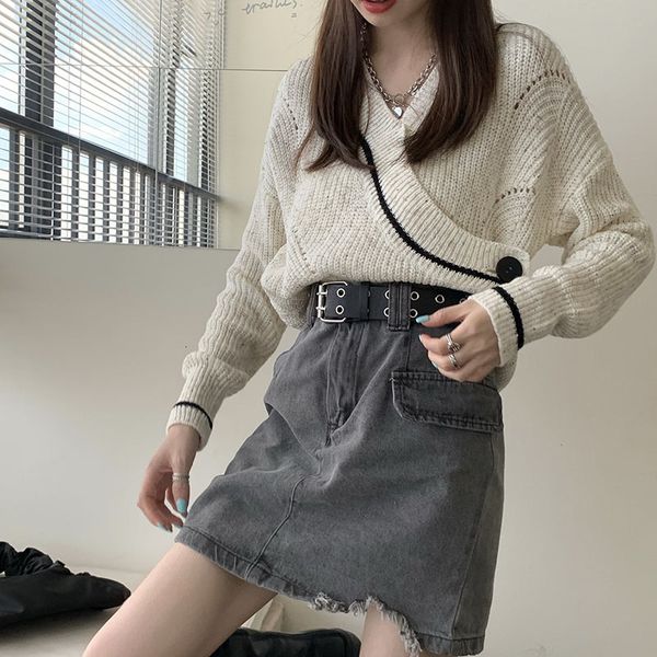 

2021 new casual two piece women vintage knitted cardigan denim skirt korean sweater women's clothing autumn i8tu, Black;white