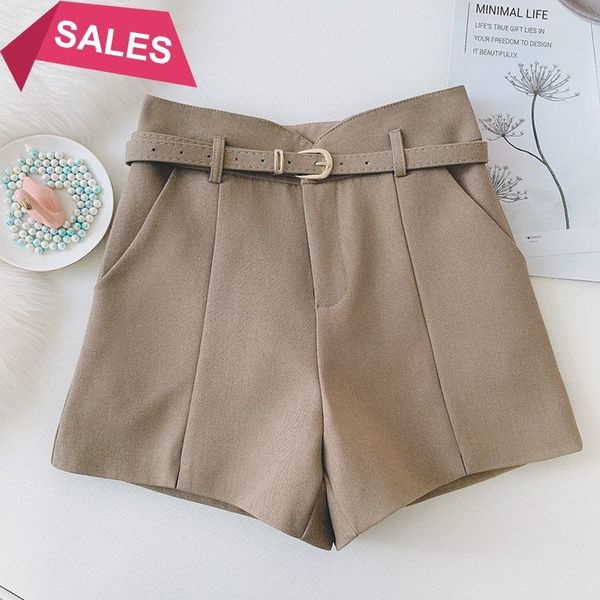 

2021 new summer women solid loose casual trousers high waist black wide leg ol shorts work wear clothes with belt 032c, White;black