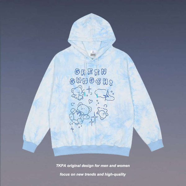 

tkpa hooded sweater men's and women's fashion tie dye bear print academy style couple's hoodie, Black