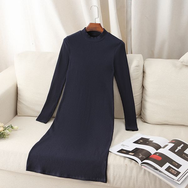 

2021 new autumn and winter woman's round collar sleeve thin color solid cotton casual temperament simple dress basis 4lii, Black;gray