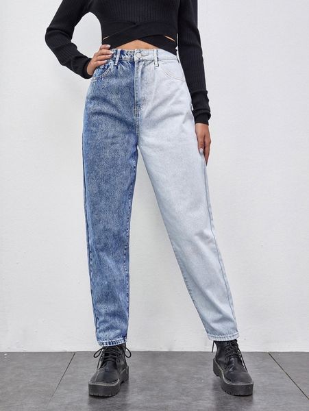 

high waist slant pocket two tone mom jeans j7bl#, Blue