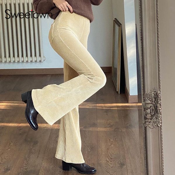 

2021 new corduroy khaki aesthetic flare pants elastic high waist womens jogger sweatpants vintage 90s girl trousers bs1y, Black;white