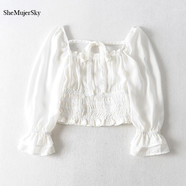 

shemujersky women off shoulder chiffon blouse elastic bandage short white shirt 2020 koszula1