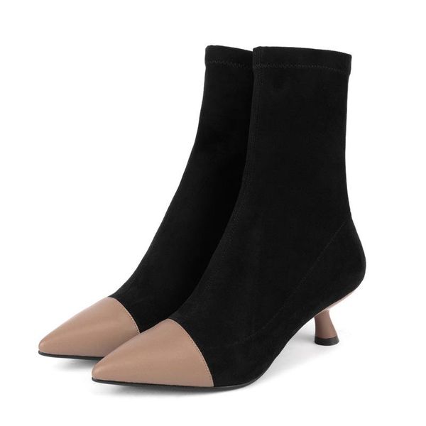 

autumn winter suede women's boots pointed toe thin heeled semi-high heeled stretch boots mixed colors cat with lady shoes -40, Black